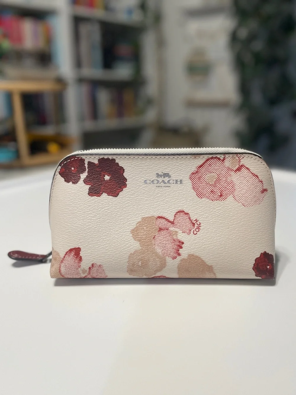 COACH Cream Floral Cosmetic Pouch with Pink & Burgundy Blooms